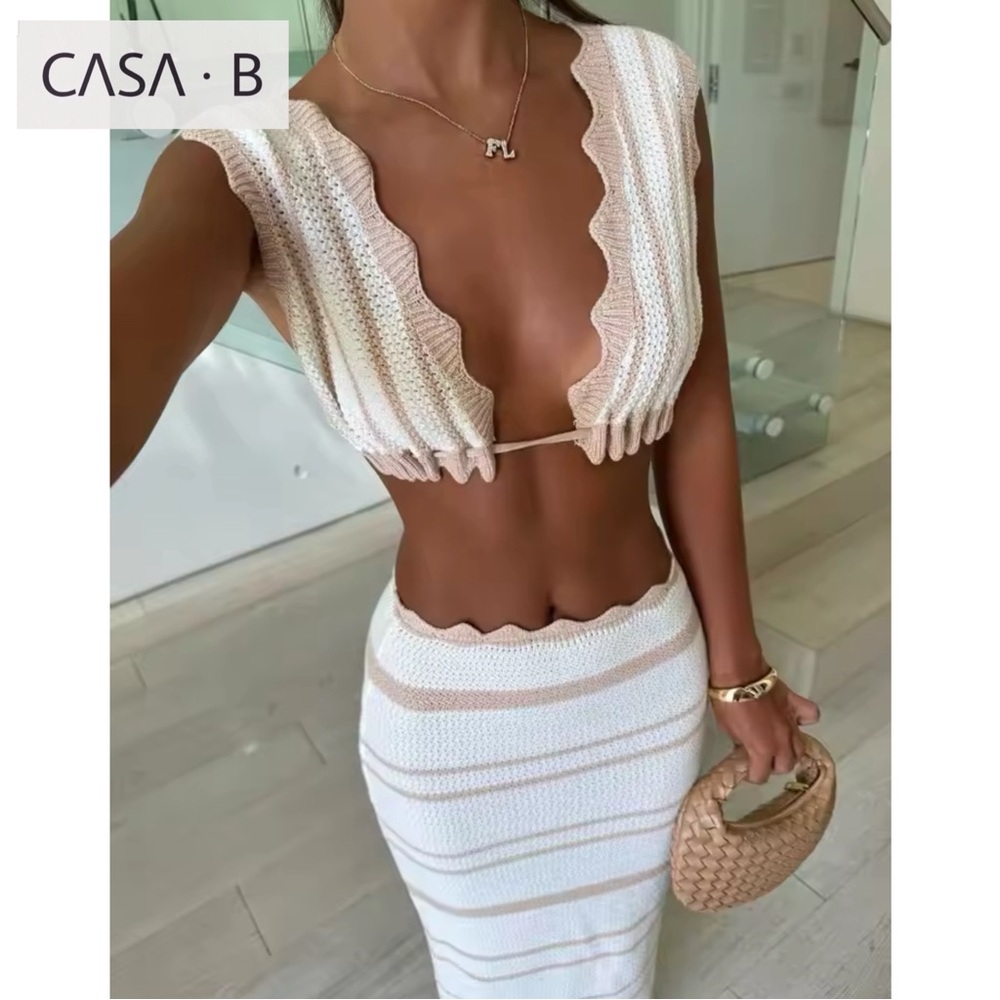 NEW💫CASA B |Mirabella Halter Triangle Top & Midi Skirt Knit Set in Cream/White